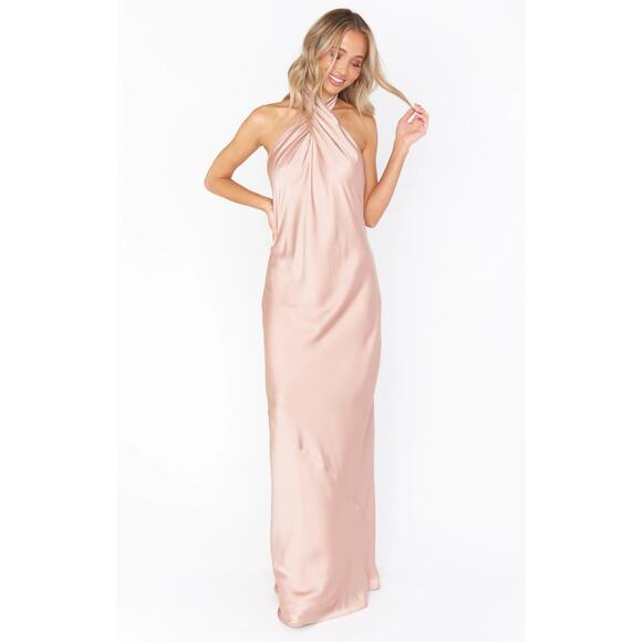 Show Me Your Mumu Jasmine Halter Maxi Dress Rose Gold Luxe Satin L - Picture 3 of 9
